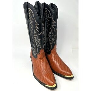 Laredo Atlanta Cowboy Boots Mens 10 EW Black/Peanut Lizard Print Gold Detail